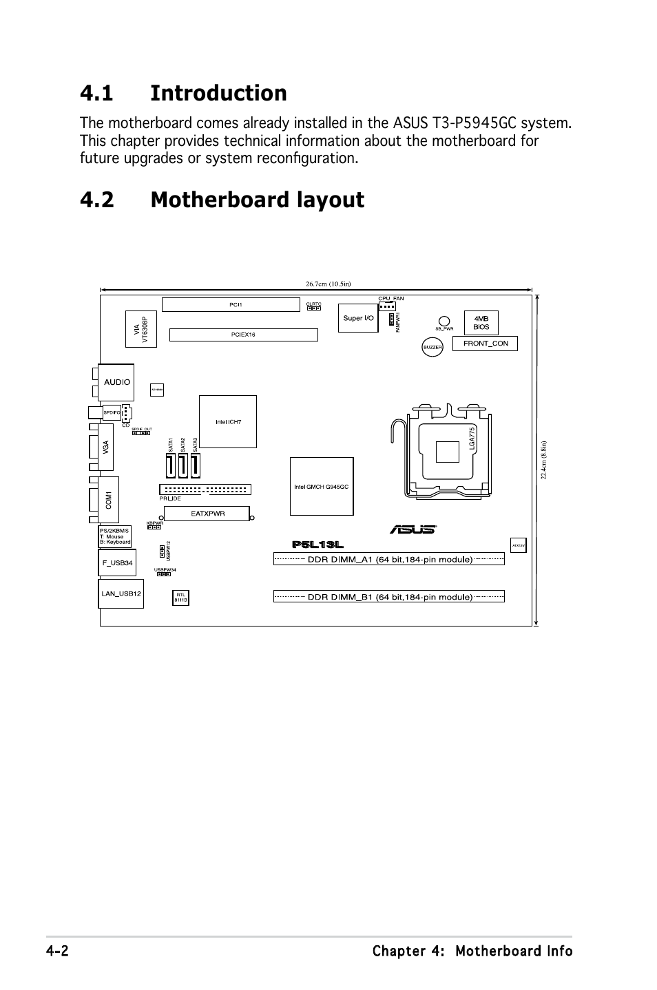 1 introduction, 2 motherboard layout | Asus T3-P5945GC User Manual | Page 41 / 79