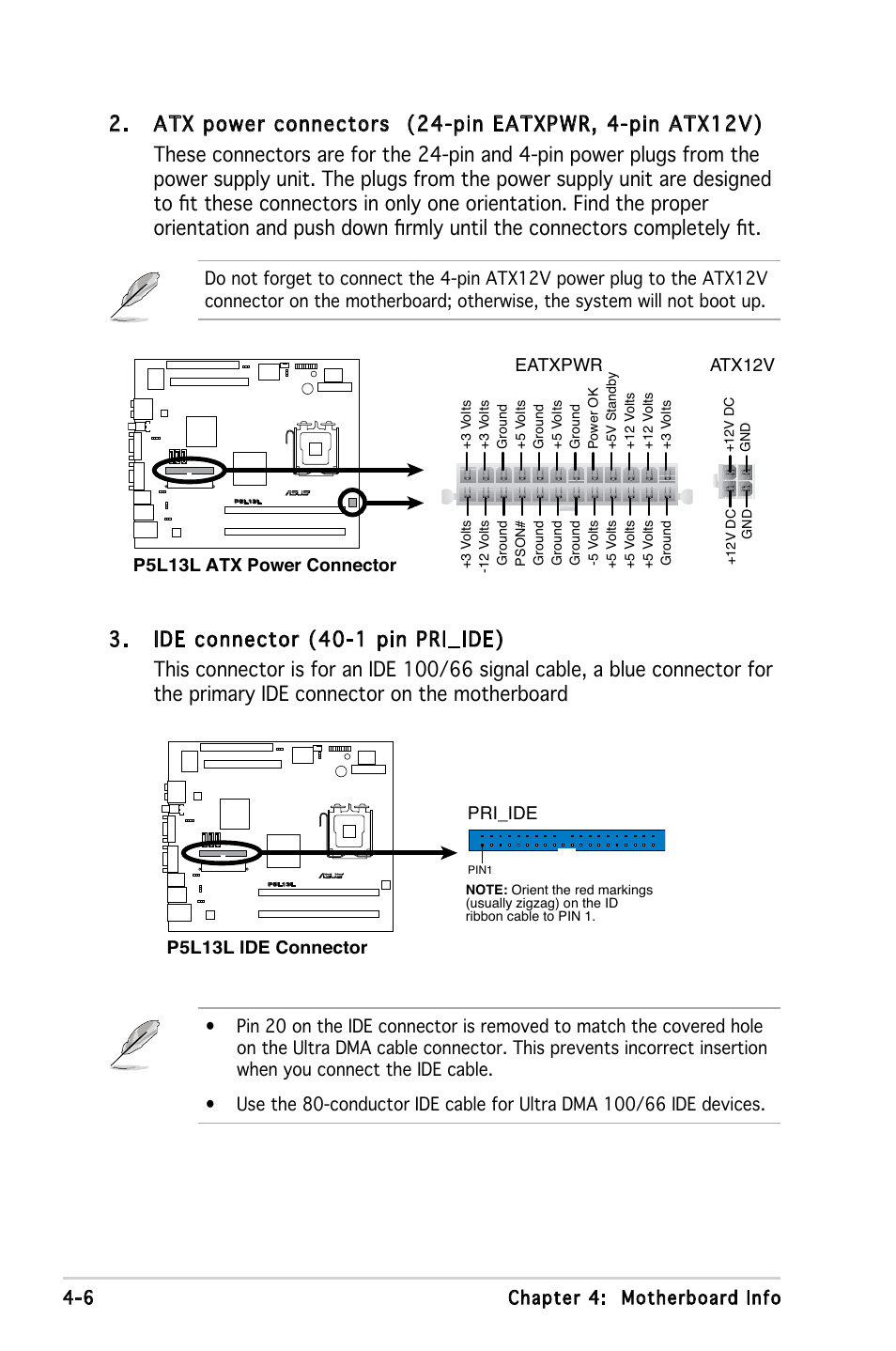 6 chapter 4: motherboard info, P5l13l atx power connector eatxpwr, Atx12v | P5l13l ide connector, Pri_ide | Asus T3-P5945GC User Manual | Page 45 / 79