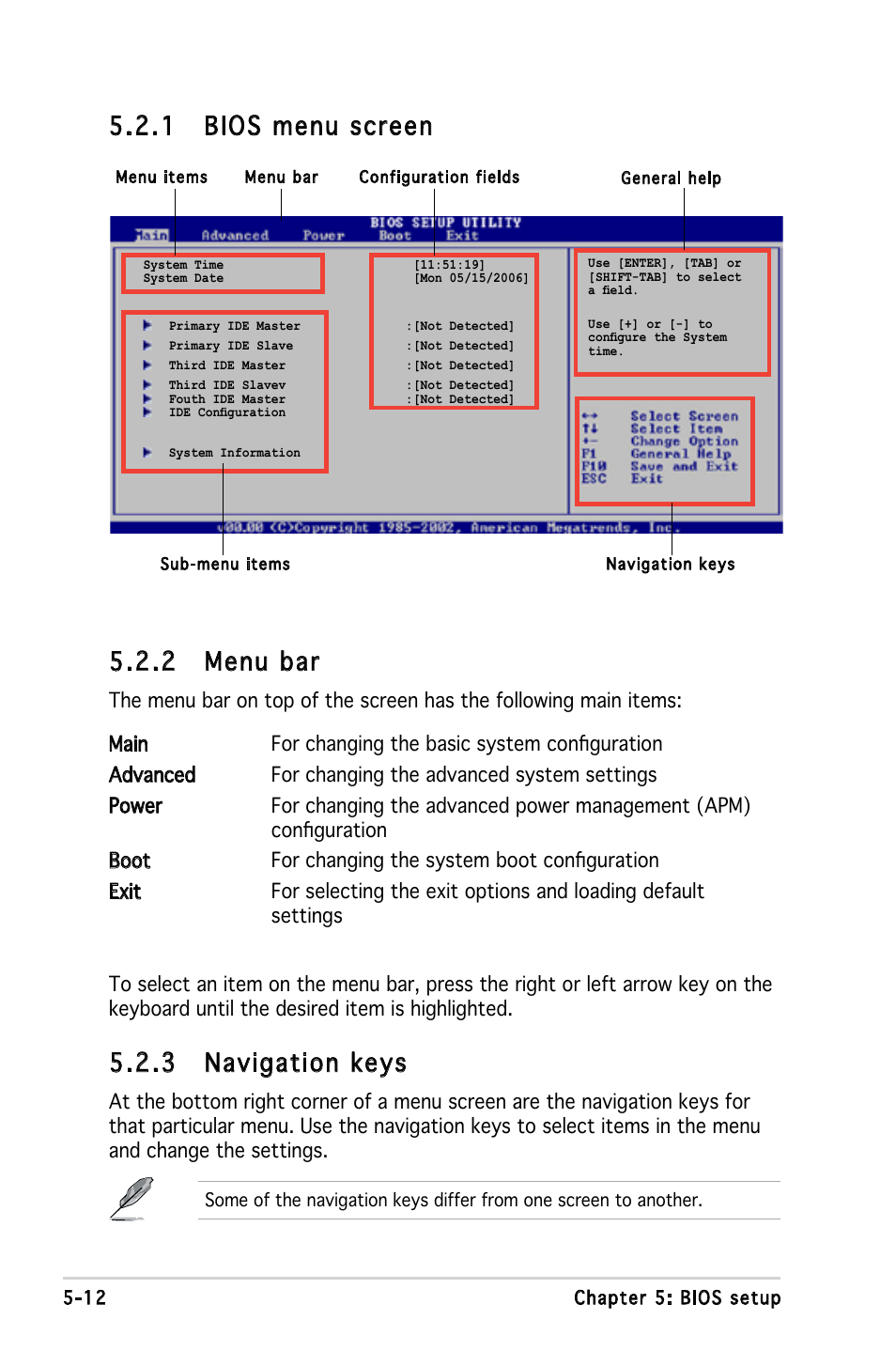 2 menu bar, 1 bios menu screen, 3 navigation keys | Asus T3-P5945GC User Manual | Page 59 / 79