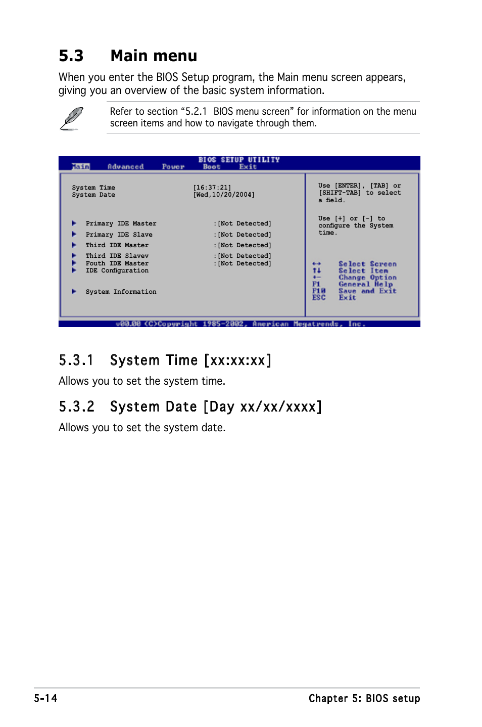 3 main menu, 1 system time [xx:xx:xx, Allows you to set the system time | Allows you to set the system date | Asus T3-P5945GC User Manual | Page 61 / 79