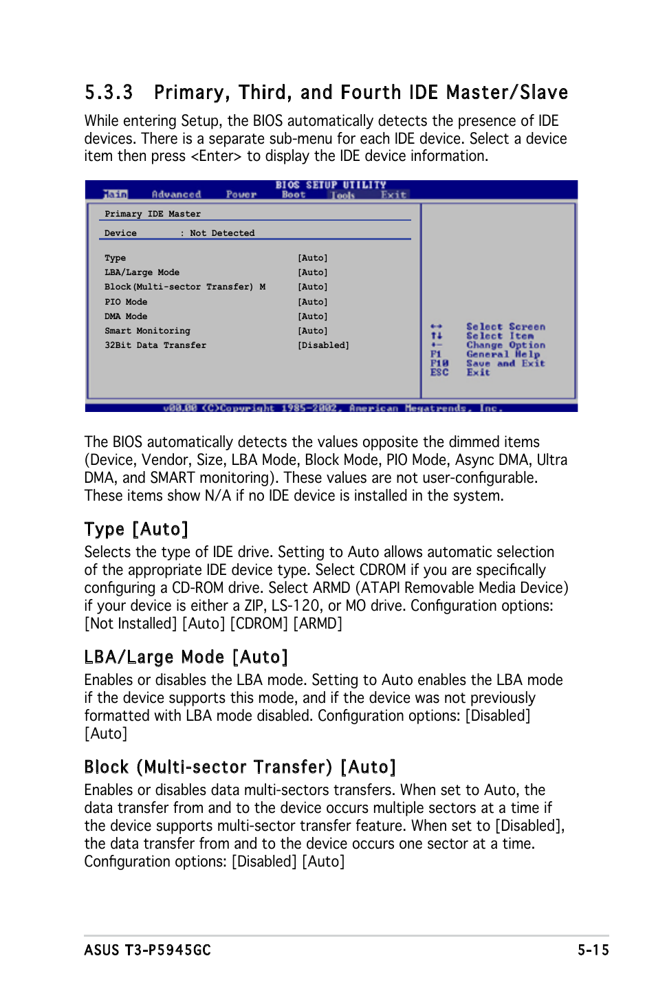 3 primary, third, and fourth ide master/slave, Type [auto, Lba/large mode [auto | Block (multi-sector transfer) [auto | Asus T3-P5945GC User Manual | Page 62 / 79