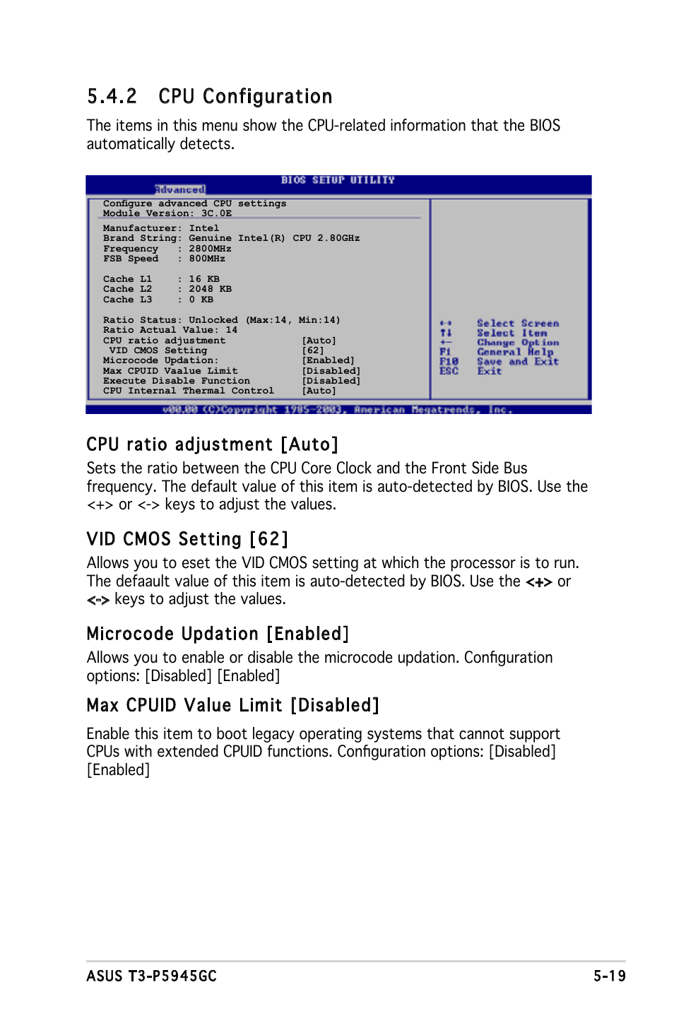 2 cpu configuration, Cpu ratio adjustment [auto, Vid cmos setting [62 | Microcode updation [enabled, Max cpuid value limit [disabled | Asus T3-P5945GC User Manual | Page 66 / 79