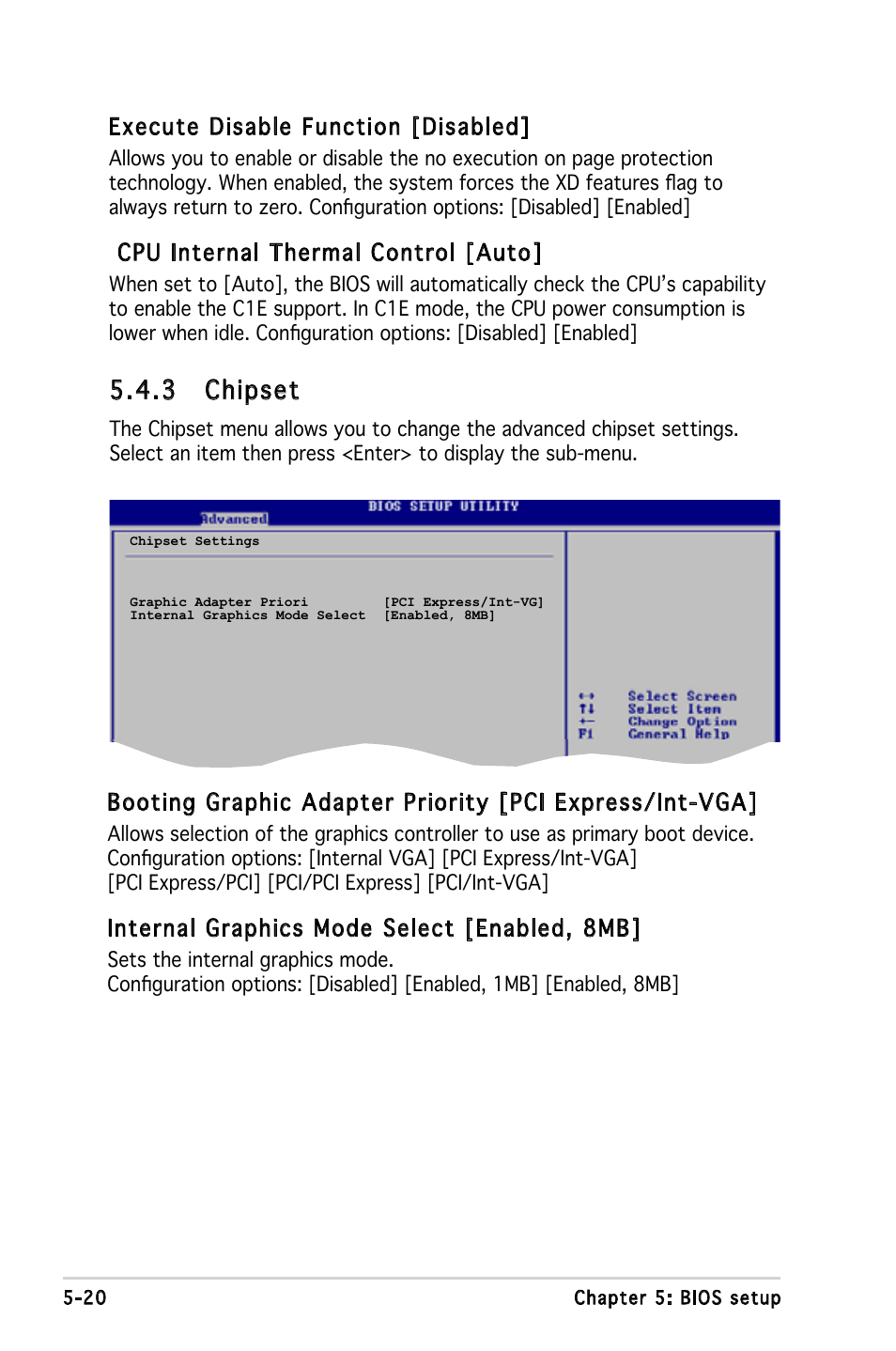 3 chipset, Execute disable function [disabled, Cpu internal thermal control [auto | Internal graphics mode select [enabled, 8mb | Asus T3-P5945GC User Manual | Page 67 / 79