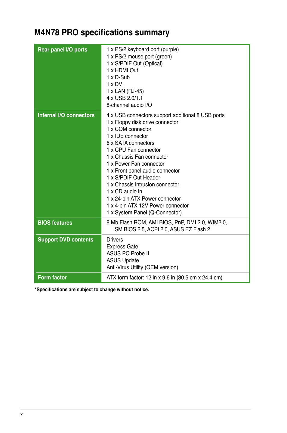 M4n78 pro specifications summary | Asus M4N78 Pro User Manual | Page 10 / 64