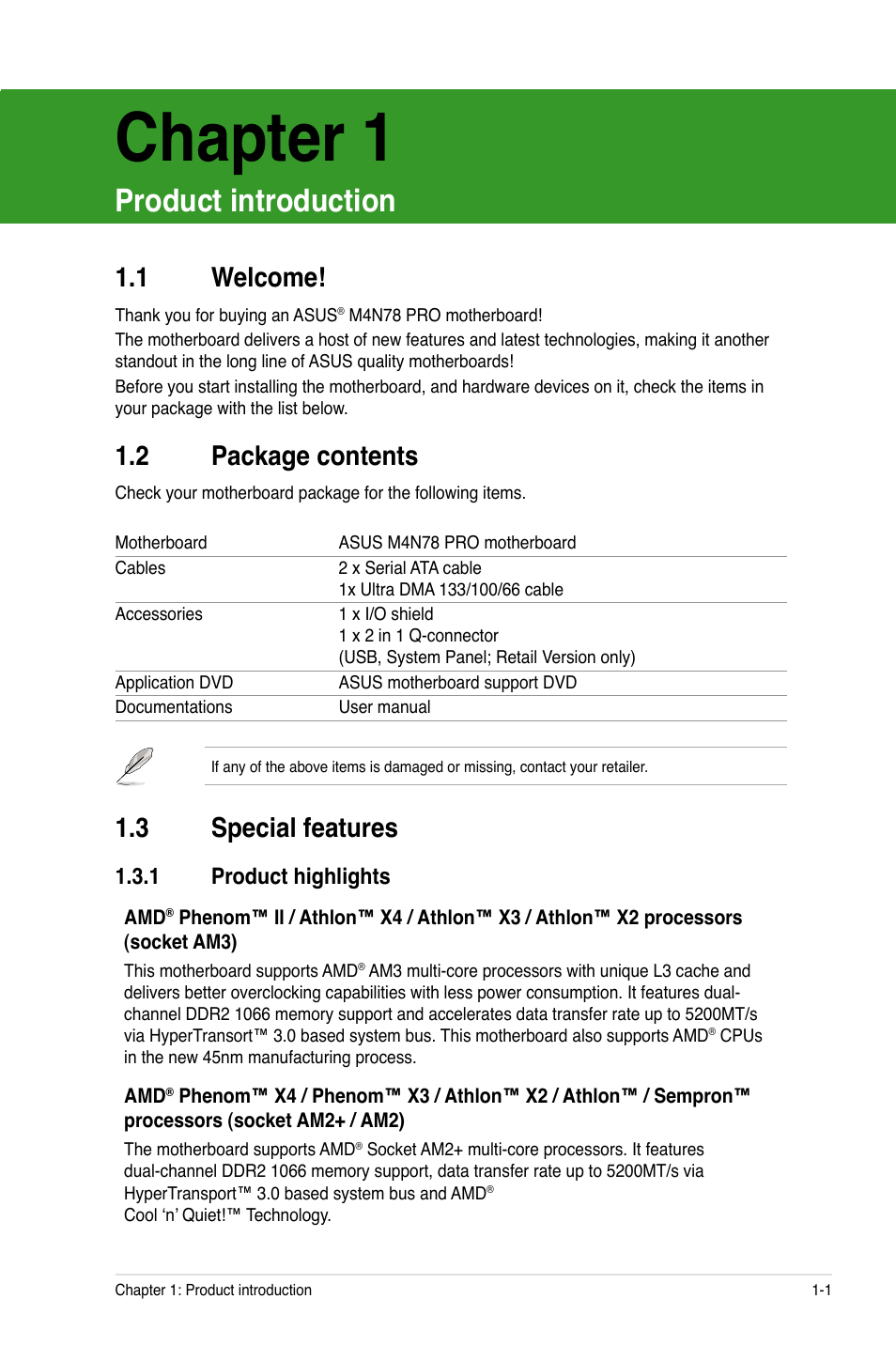 Chapter 1, Product introduction, 2 package contents | 3 special features, 1 welcome, 1 product highlights | Asus M4N78 Pro User Manual | Page 11 / 64