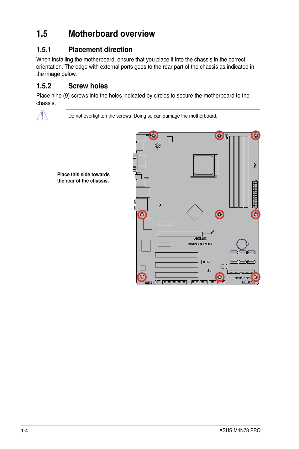 5 motherboard overview, 1 placement direction, 2 screw holes | Asus M4N78 Pro User Manual | Page 14 / 64