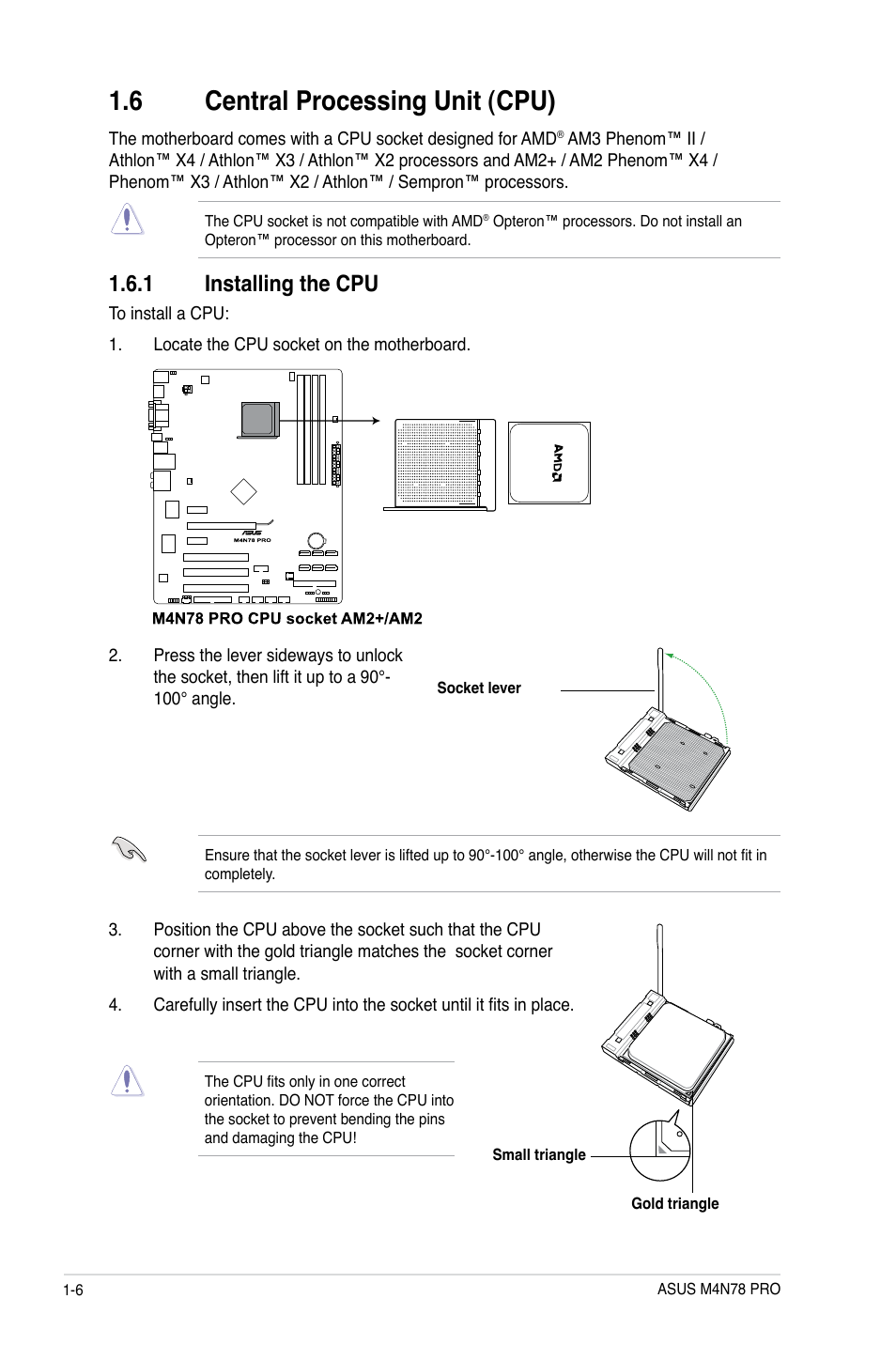 6 central processing unit (cpu), 1 installing the cpu | Asus M4N78 Pro User Manual | Page 16 / 64