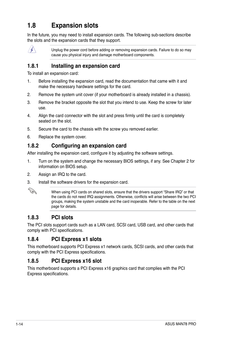 8 expansion slots, 1 installing an expansion card, 2 configuring an expansion card | 3 pci slots, 4 pci express x1 slots, 5 pci express x16 slot | Asus M4N78 Pro User Manual | Page 24 / 64