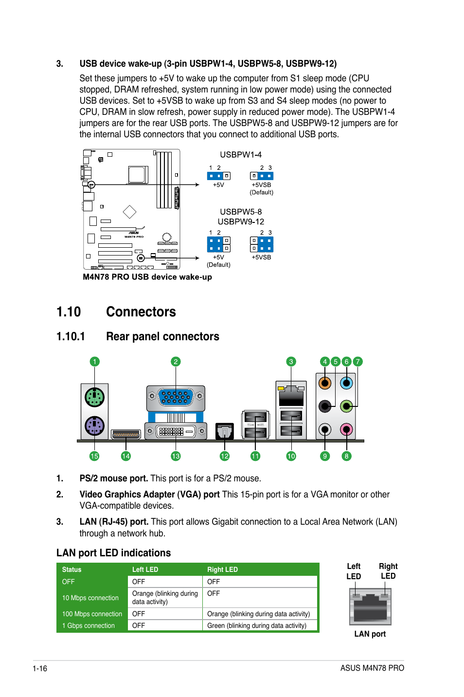 10 connectors, 1 rear panel connectors, Lan port led indications | Asus M4N78 Pro User Manual | Page 26 / 64