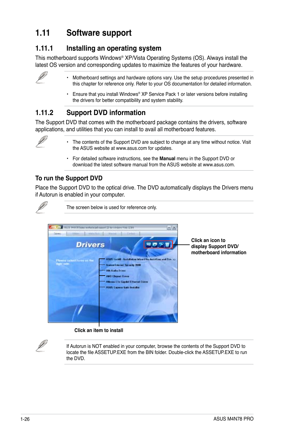 11 software support, 1 installing an operating system, 2 support dvd information | Asus M4N78 Pro User Manual | Page 36 / 64