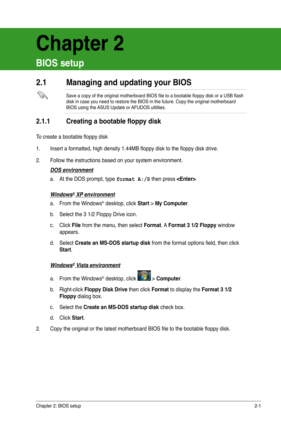 Chapter 2, Bios setup, 1 managing and updating your bios | 1 creating a bootable floppy disk | Asus M4N78 Pro User Manual | Page 37 / 64