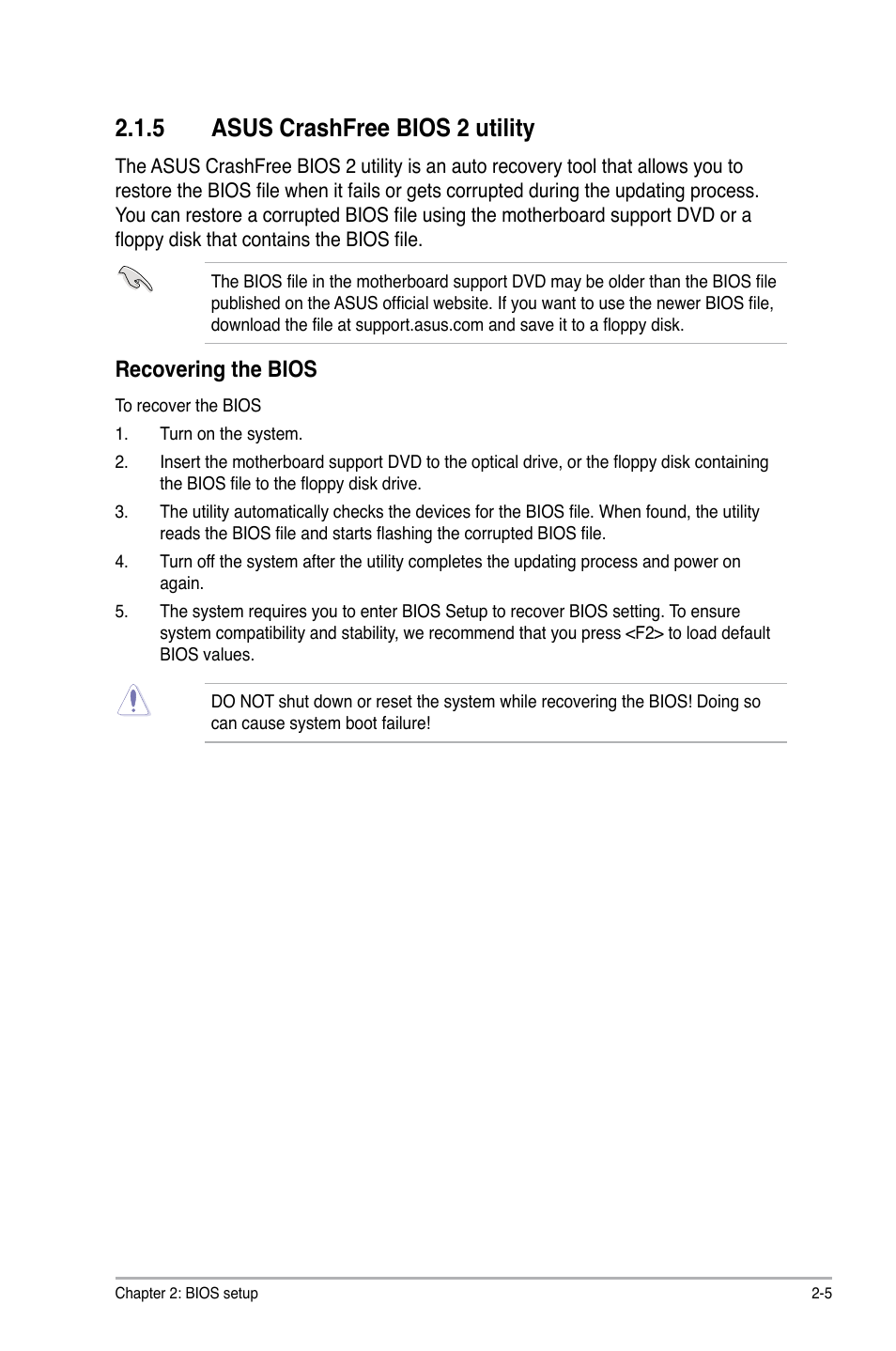 5 asus crashfree bios 2 utility, Recovering the bios | Asus M4N78 Pro User Manual | Page 41 / 64