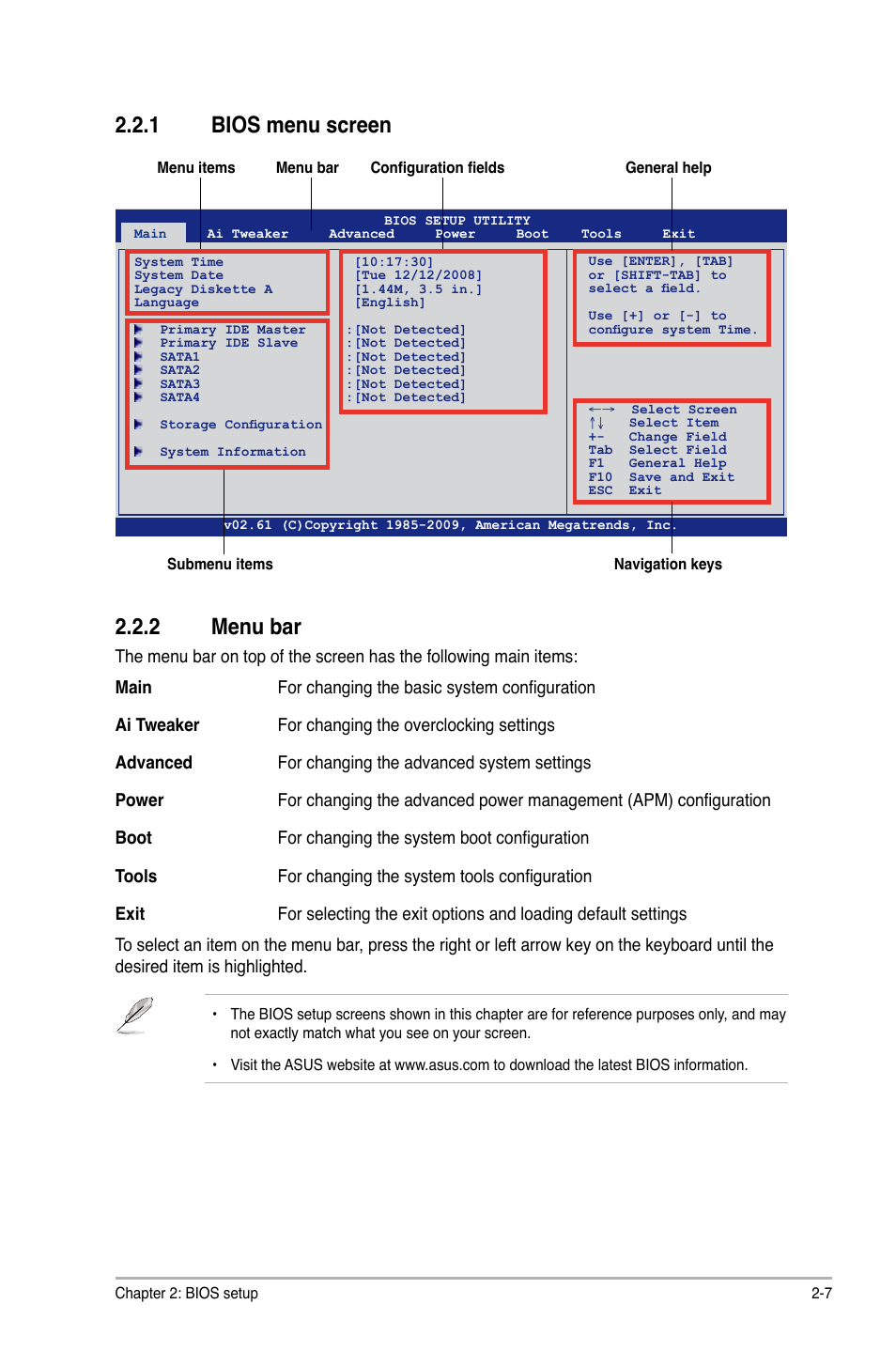 1 bios menu screen 2.2.2 menu bar | Asus M4N78 Pro User Manual | Page 43 / 64