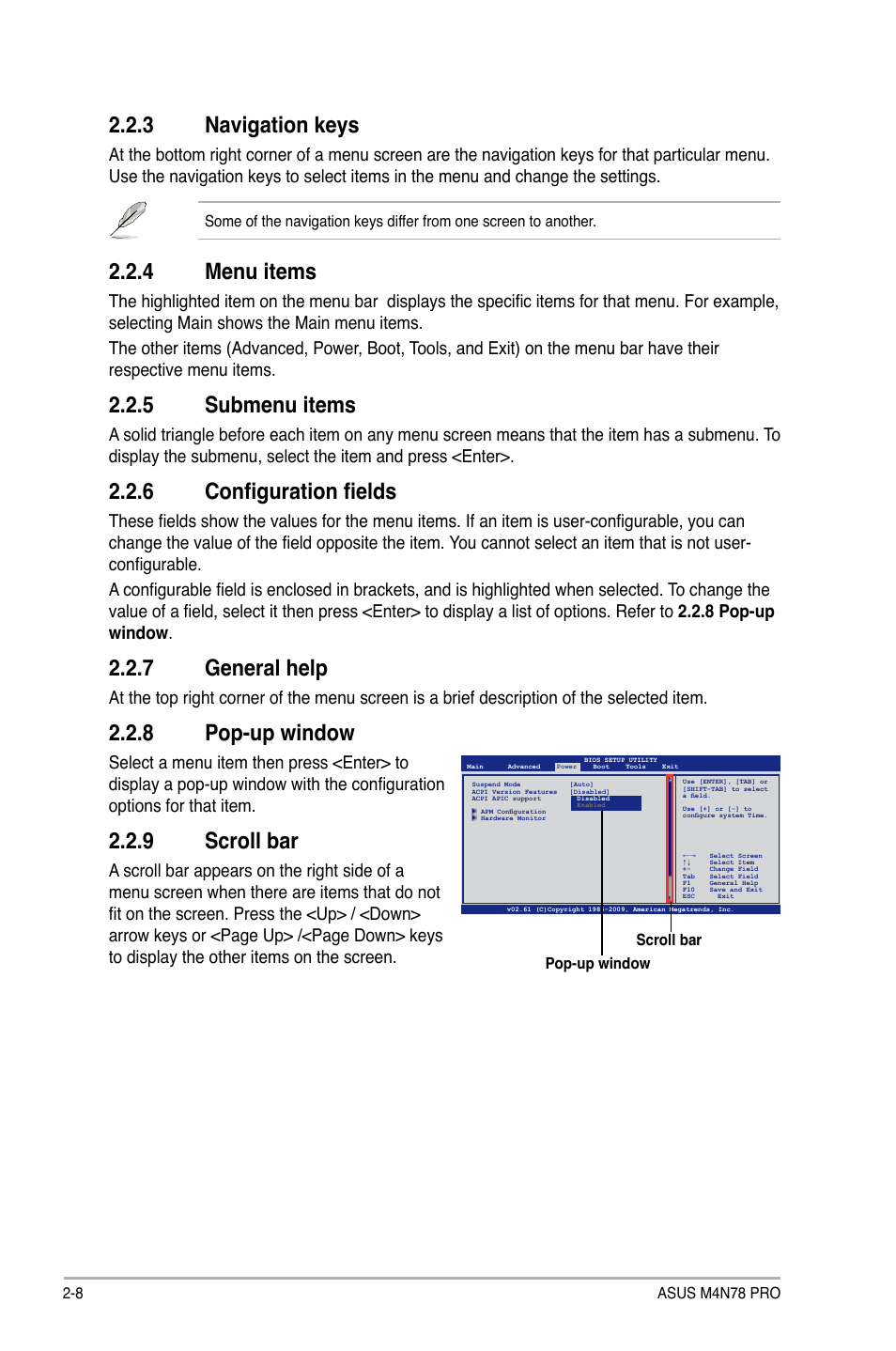 3 navigation keys, 4 menu items, 5 submenu items | 6 configuration fields, 7 general help, 8 pop-up window, 9 scroll bar | Asus M4N78 Pro User Manual | Page 44 / 64