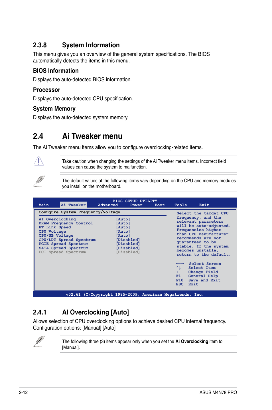 4 ai tweaker menu, 1 ai overclocking [auto, 8 system information | Bios information, Processor | Asus M4N78 Pro User Manual | Page 48 / 64