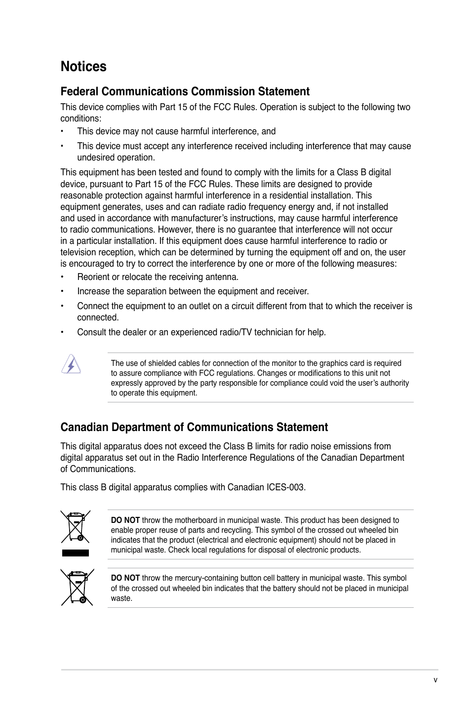 Notices, Federal communications commission statement, Canadian department of communications statement | Asus M4N78 Pro User Manual | Page 5 / 64