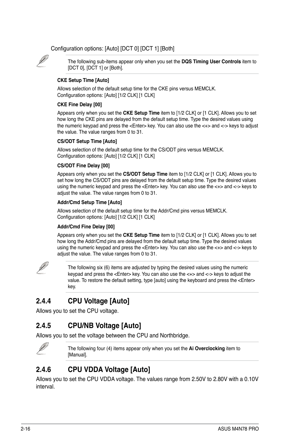 4 cpu voltage [auto, 5 cpu/nb voltage [auto, 6 cpu vdda voltage [auto | Asus M4N78 Pro User Manual | Page 52 / 64