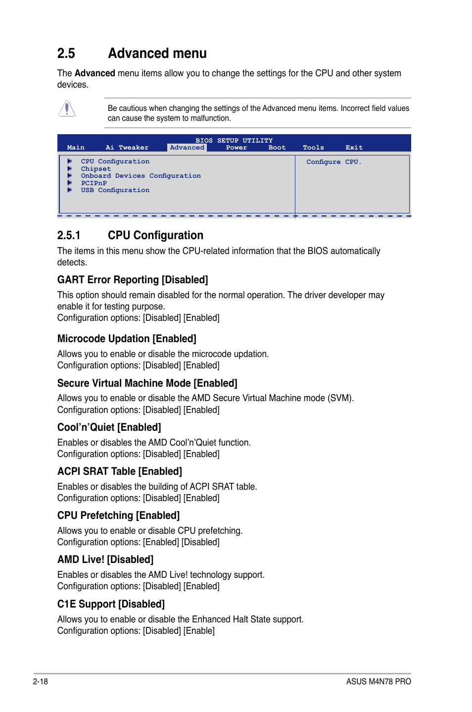 5 advanced menu, 1 cpu configuration | Asus M4N78 Pro User Manual | Page 54 / 64