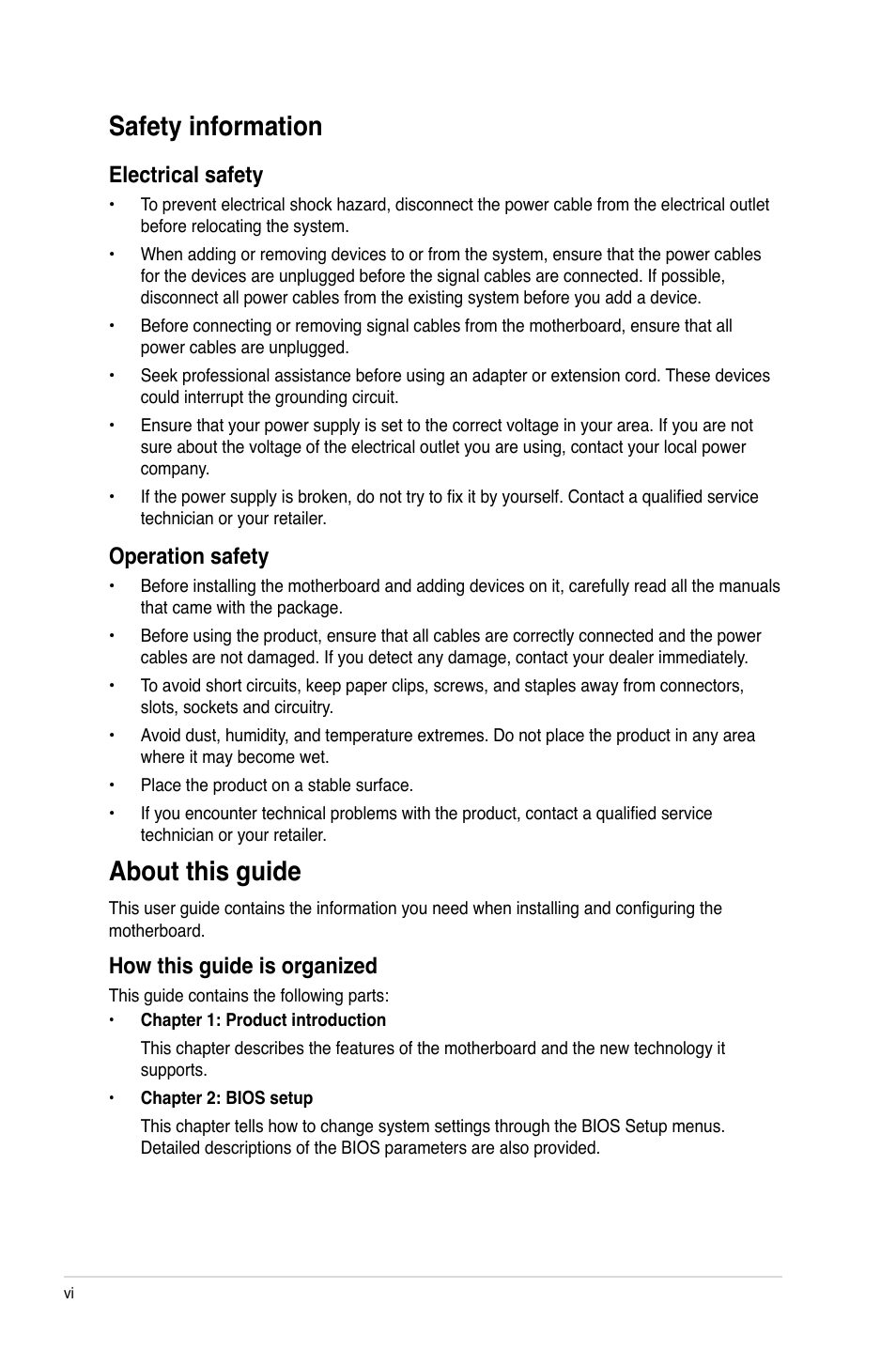 Safety information, About this guide, Electrical safety | Operation safety, How this guide is organized | Asus M4N78 Pro User Manual | Page 6 / 64