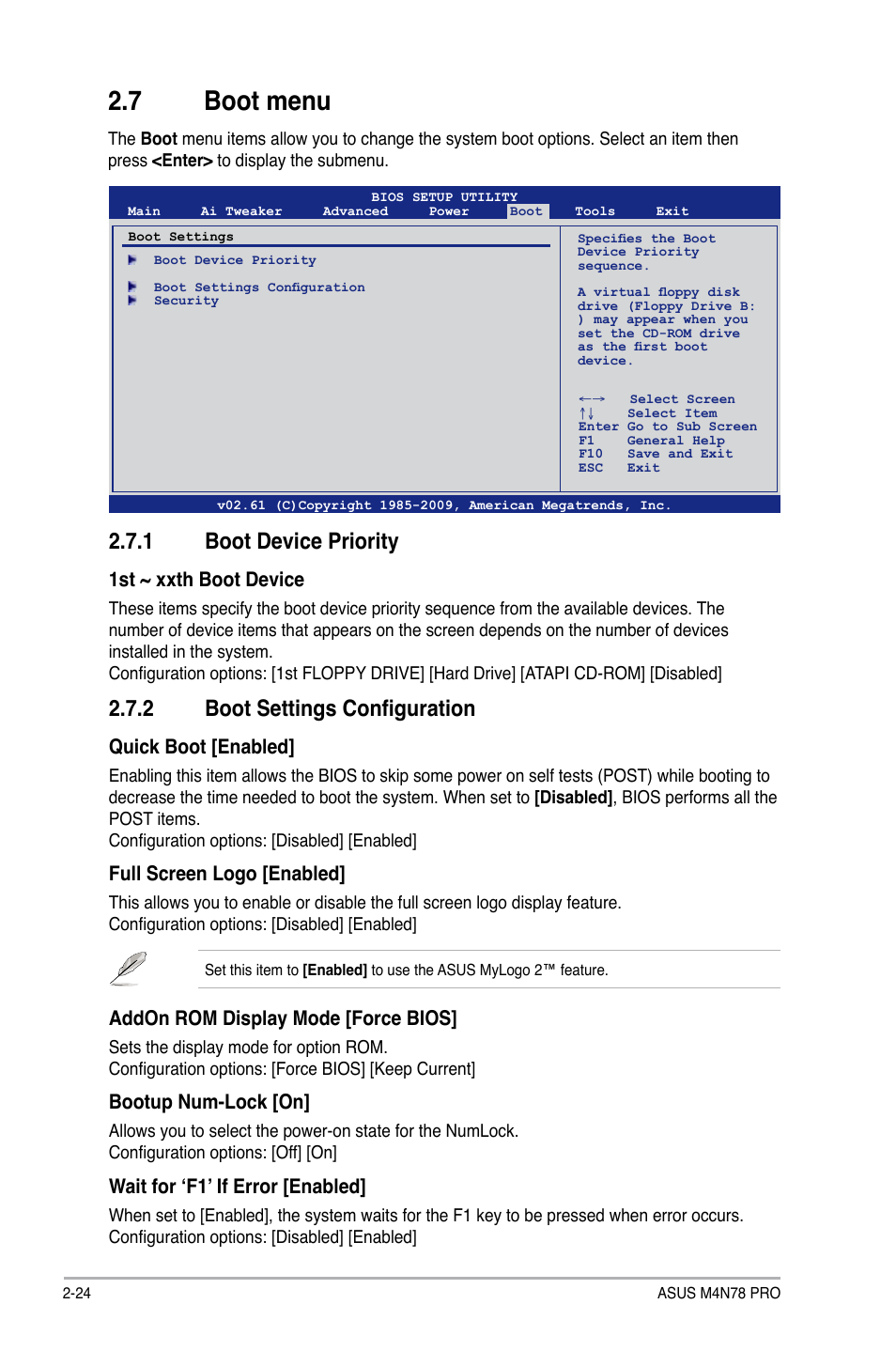 7 boot menu, 1 boot device priority, 2 boot settings configuration | 1st ~ xxth boot device, Quick boot [enabled, Full screen logo [enabled, Addon rom display mode [force bios, Bootup num-lock [on, Wait for ‘f1’ if error [enabled | Asus M4N78 Pro User Manual | Page 60 / 64