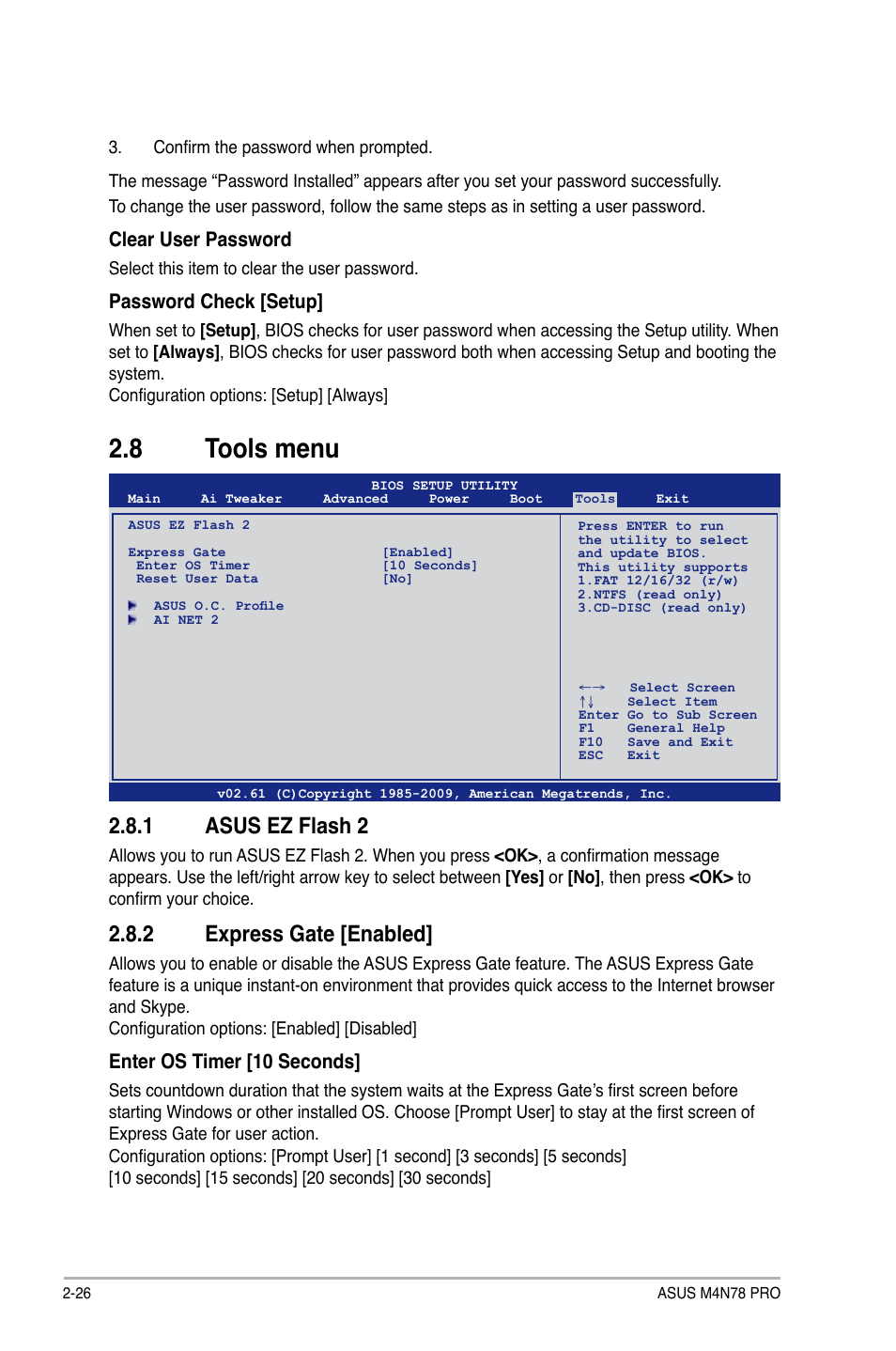 8 tools menu, 1 asus ez flash 2, 2 express gate [enabled | Clear user password, Password check [setup, Enter os timer [10 seconds | Asus M4N78 Pro User Manual | Page 62 / 64