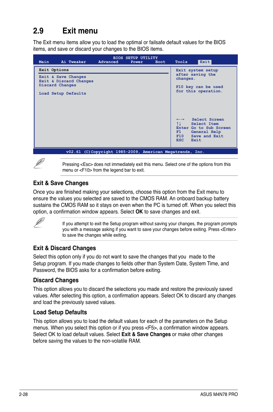 9 exit menu, Exit & save changes, Exit & discard changes | Discard changes, Load setup defaults | Asus M4N78 Pro User Manual | Page 64 / 64