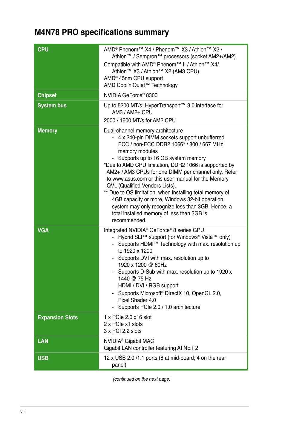 M4n78 pro specifications summary | Asus M4N78 Pro User Manual | Page 8 / 64