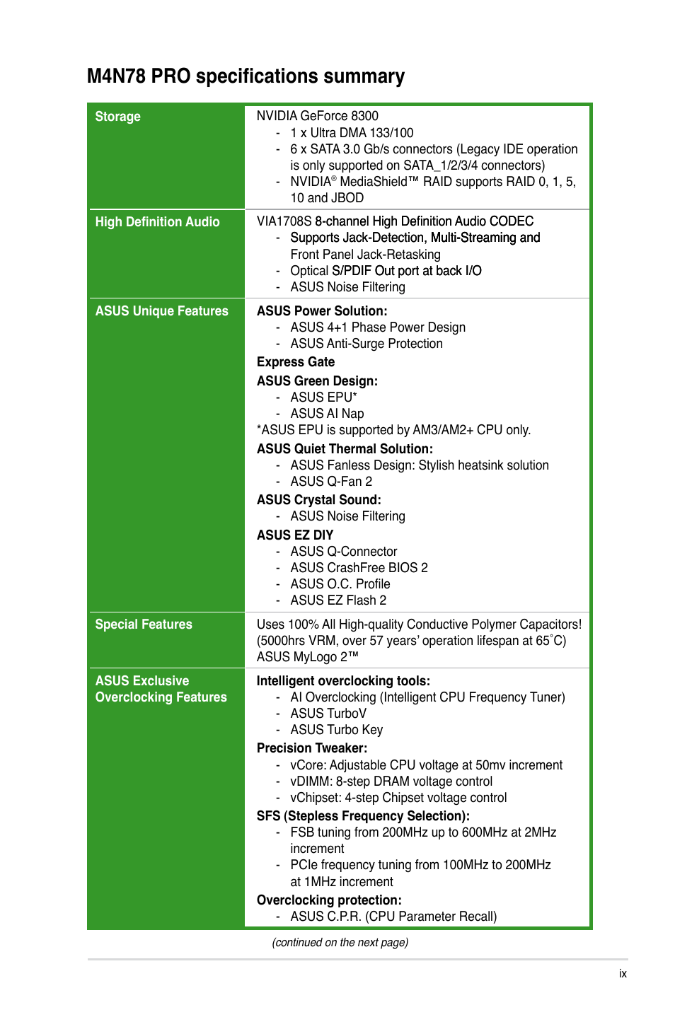 M4n78 pro specifications summary | Asus M4N78 Pro User Manual | Page 9 / 64