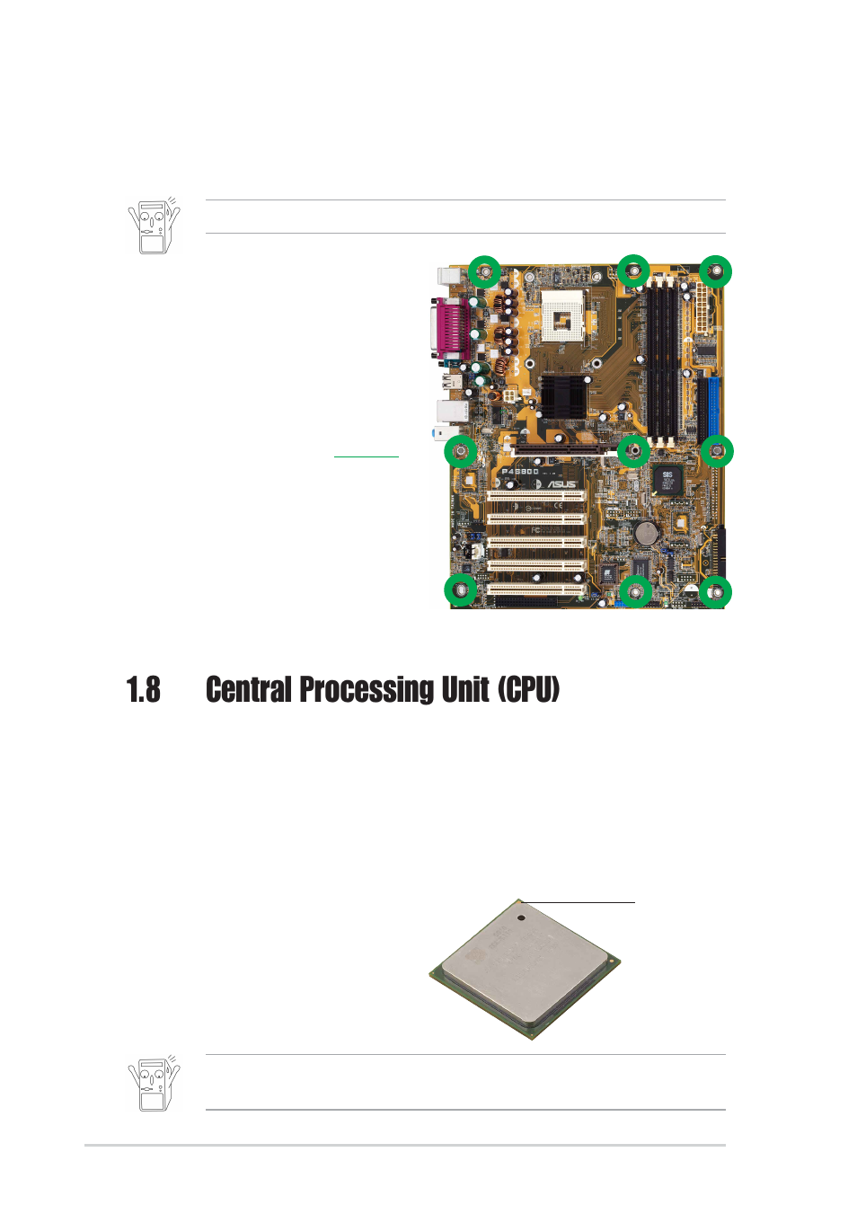 8 central processing unit (cpu), 2 screw holes, 1 overview | Asus P4S800 User Manual | Page 20 / 66