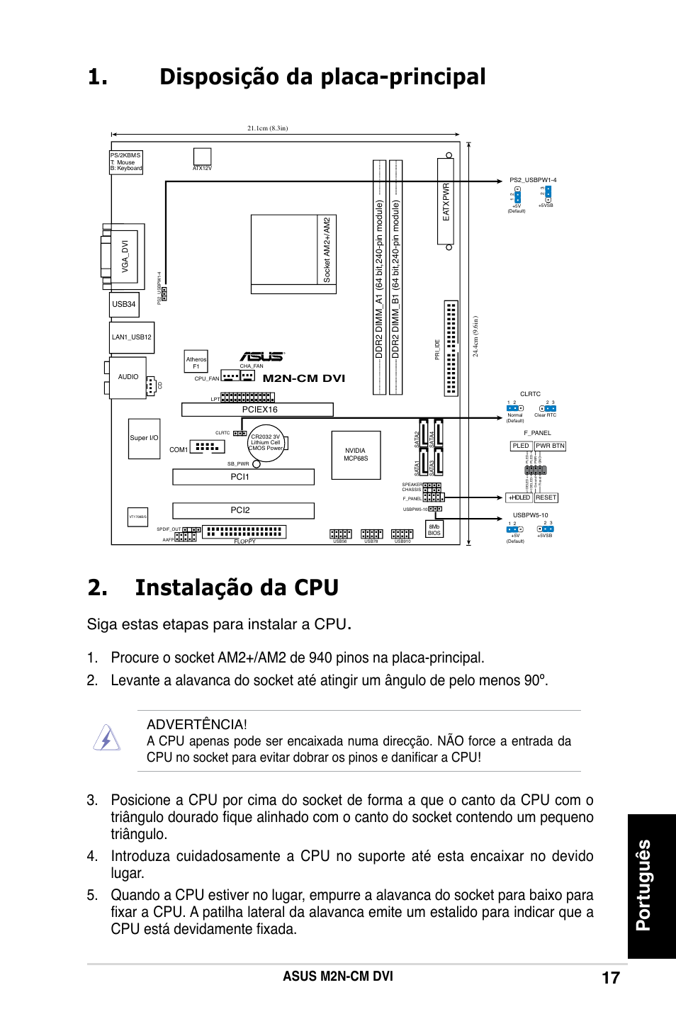 Disposição da placa-principal 2. instalação da cpu, Português, Siga estas etapas para instalar a cpu | Asus m2n-cm dvi, M2n-cm dvi | Asus M2N-CM DVI User Manual | Page 17 / 38