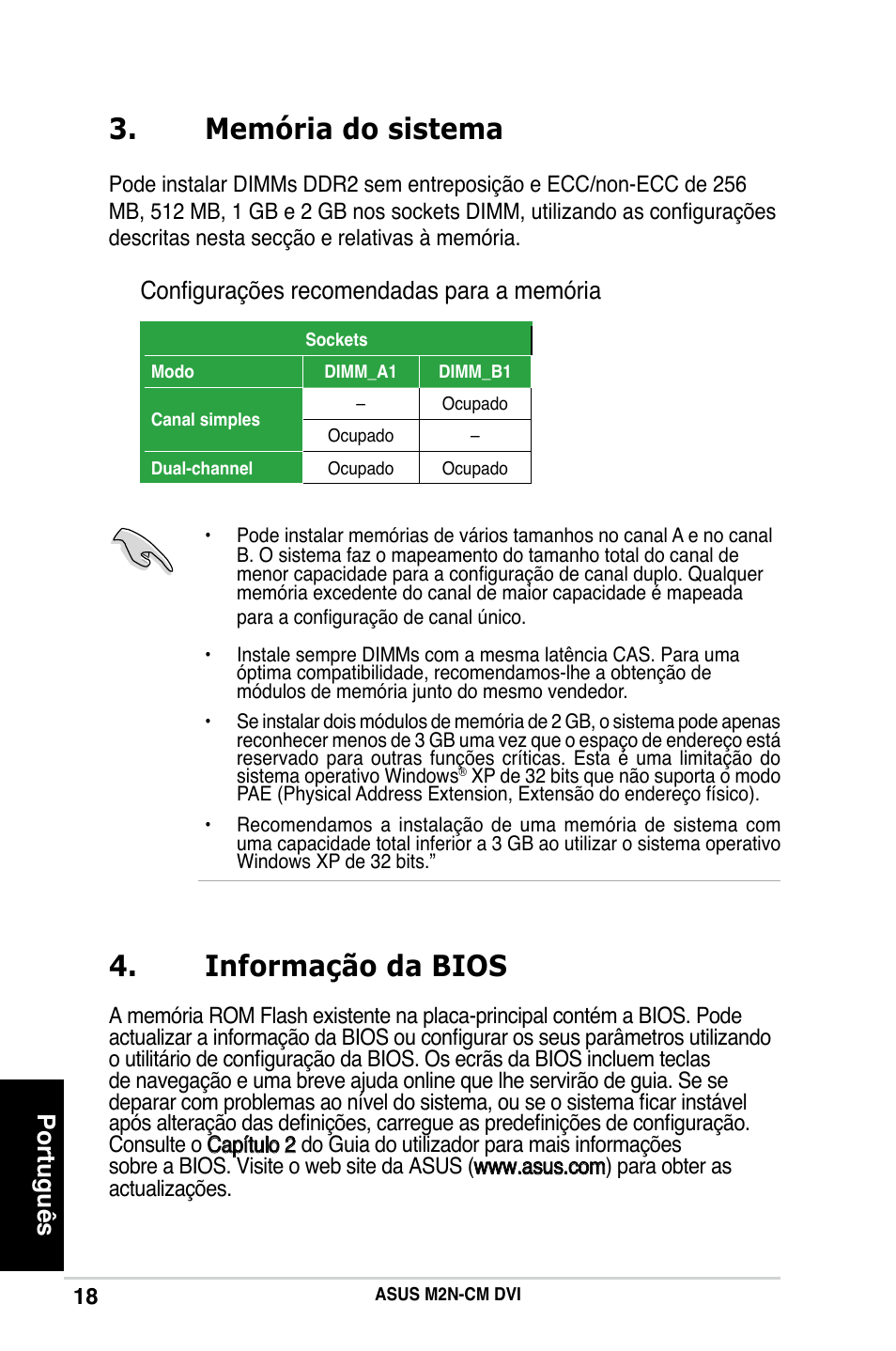 Memória do sistema, Informação da bios, Português | Configurações recomendadas para a memória | Asus M2N-CM DVI User Manual | Page 18 / 38