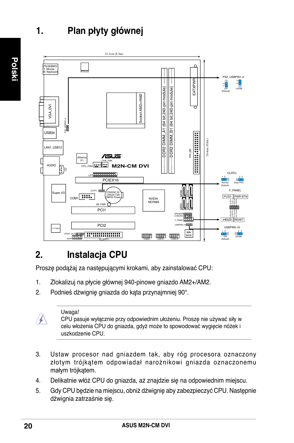 Instalacja cpu, Plan płyty głównej, Polski | Asus m2n-cm dvi, M2n-cm dvi | Asus M2N-CM DVI User Manual | Page 20 / 38