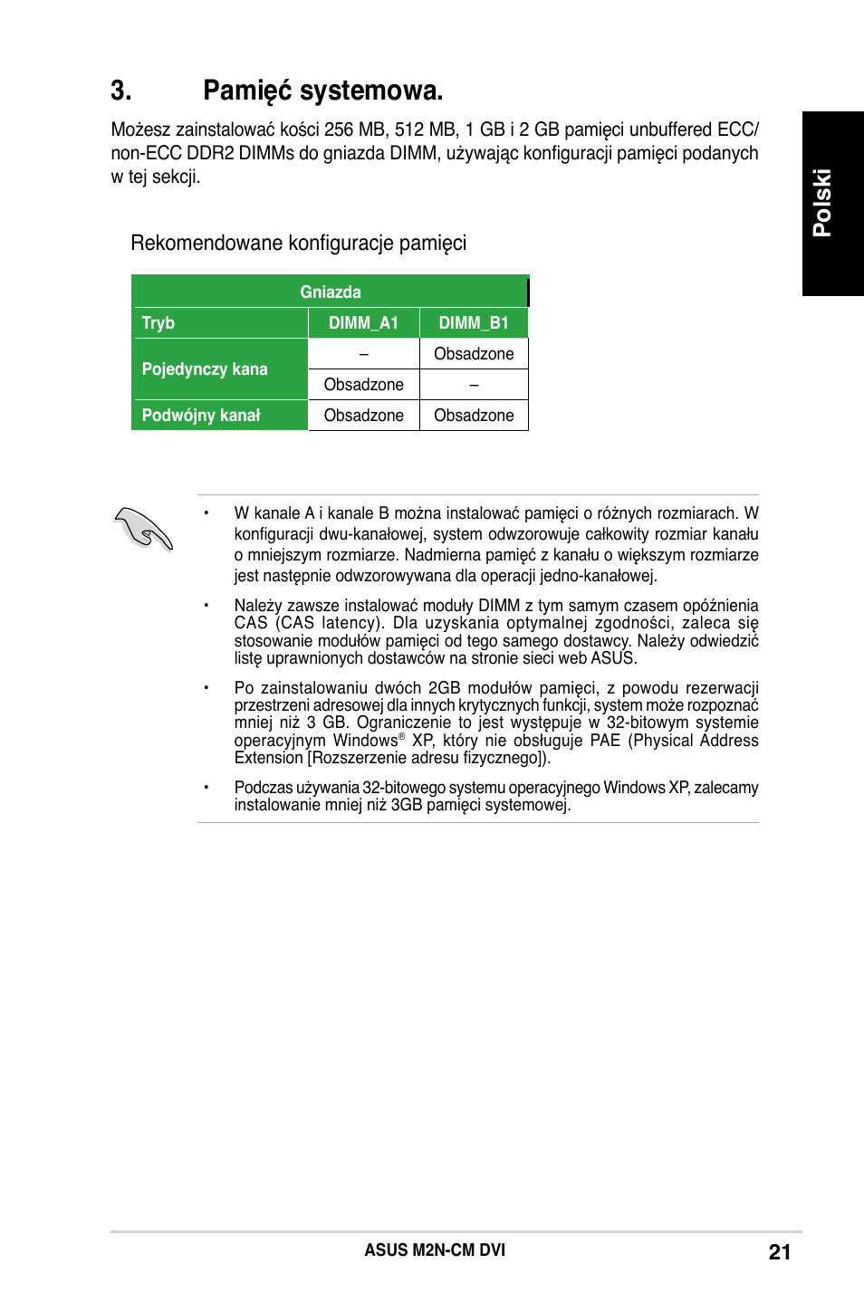 Pamięć systemowa, Polski, Rekomendowane konfiguracje pamięci | Asus M2N-CM DVI User Manual | Page 21 / 38