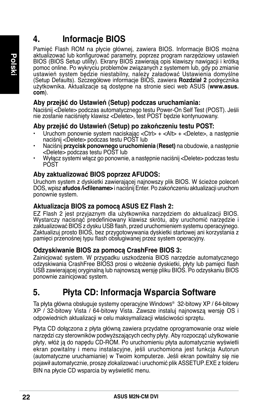 Informacje bios, Płyta cd: informacja wsparcia software, Polski | Asus M2N-CM DVI User Manual | Page 22 / 38