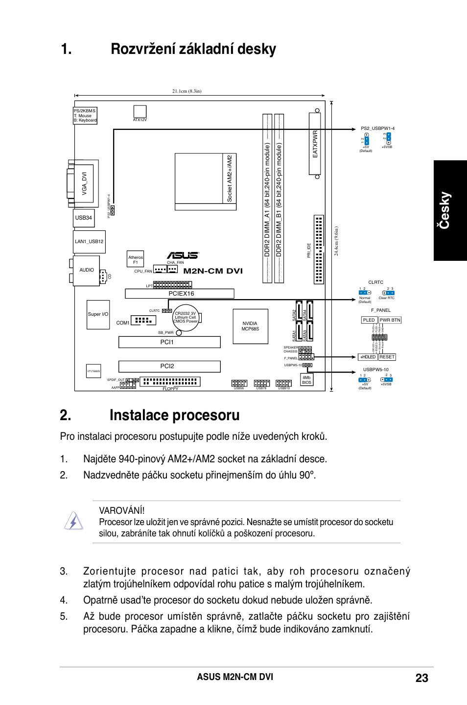 Instalace procesoru, Rozvržení základní desky, Česky | Asus m2n-cm dvi, Socke tam2, M2n-cm dvi | Asus M2N-CM DVI User Manual | Page 23 / 38