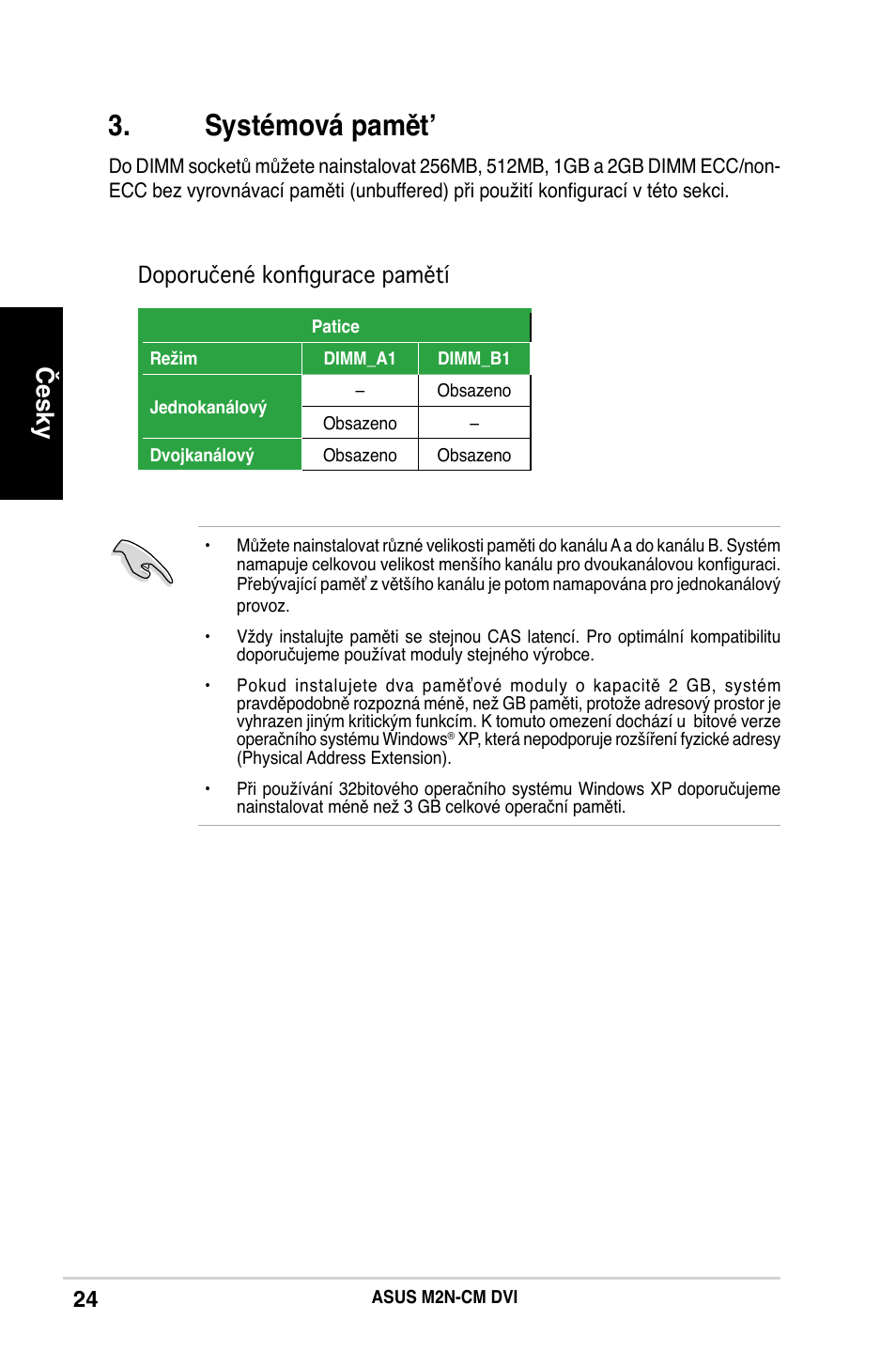 Systémová pamět, Česky, Doporučené konfigurace pamětí | Asus M2N-CM DVI User Manual | Page 24 / 38