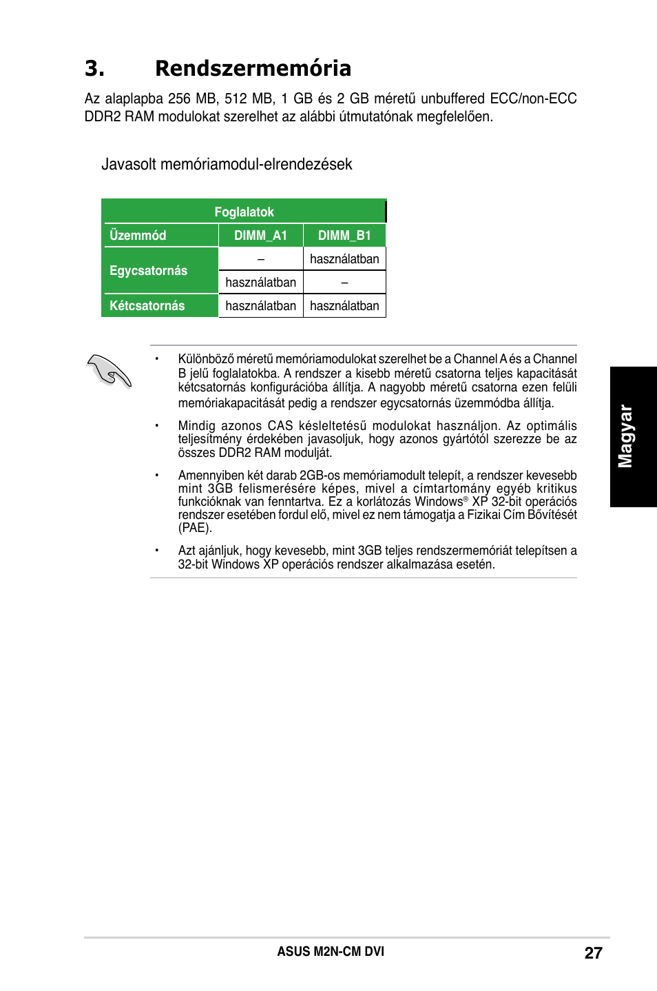 Rendszermemória, Magyar, Javasolt memóriamodul-elrendezések | Asus M2N-CM DVI User Manual | Page 27 / 38