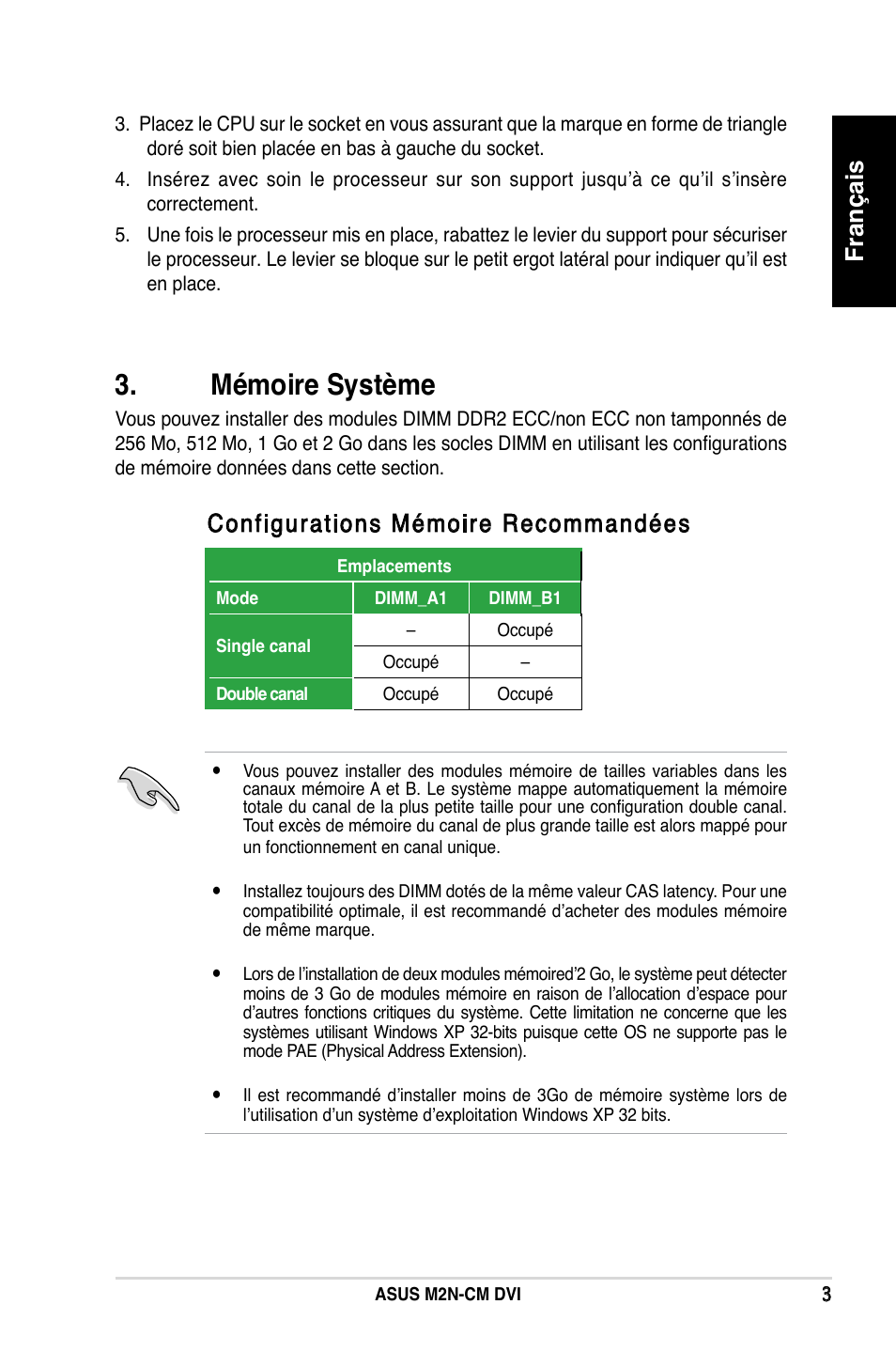 Mémoire système, Français, Configurations mémoire recommandées | Asus M2N-CM DVI User Manual | Page 3 / 38