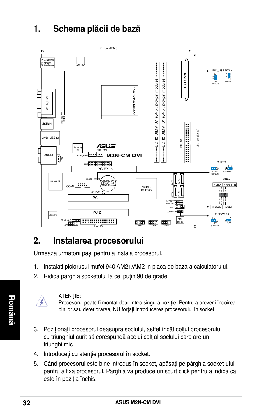 Schema plăcii de bază 2. instalarea procesorului, Română, Asus m2n-cm dvi | Socke tam2, M2n-cm dvi | Asus M2N-CM DVI User Manual | Page 32 / 38