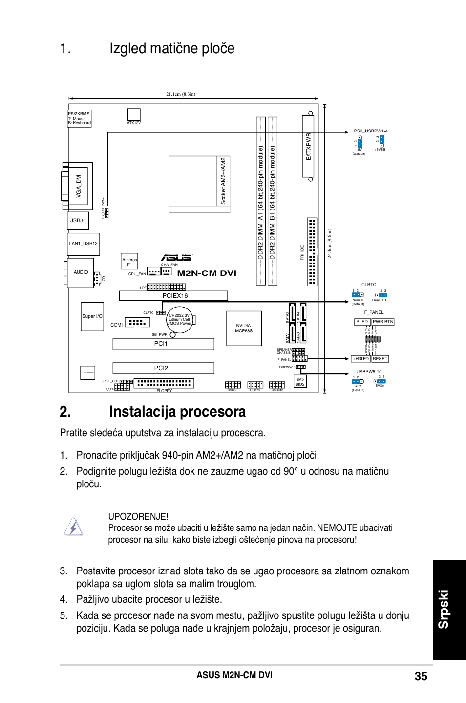 Izgled matične ploče 2. instalacija procesora, Srpski, Asus m2n-cm dvi | Socke tam2, M2n-cm dvi | Asus M2N-CM DVI User Manual | Page 35 / 38