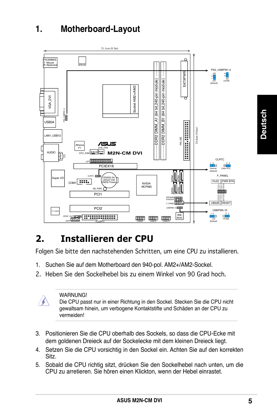 Motherboard-layout 2. installieren der cpu, Deutsch, Asus m2n-cm dvi | M2n-cm dvi | Asus M2N-CM DVI User Manual | Page 5 / 38