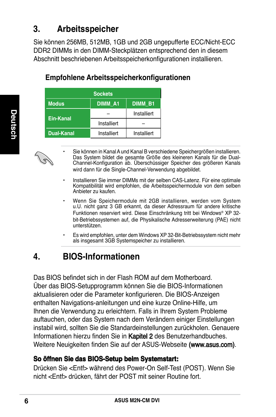 Arbeitsspeicher, Bios-informationen, Deutsch | Empfohlene arbeitsspeicherkonfigurationen | Asus M2N-CM DVI User Manual | Page 6 / 38