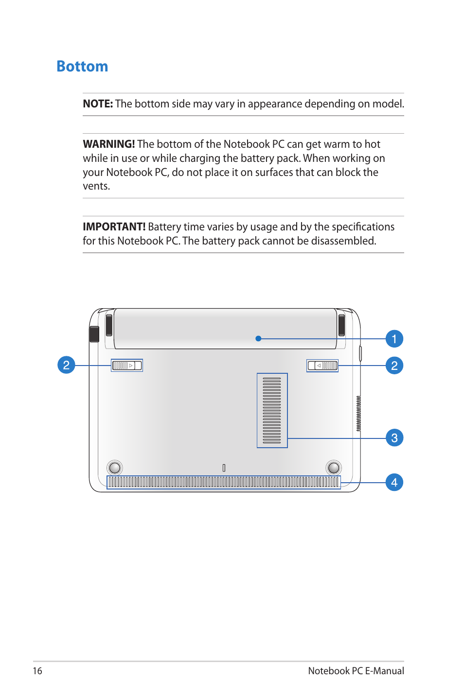 Bottom | Asus 1015E User Manual | Page 16 / 98