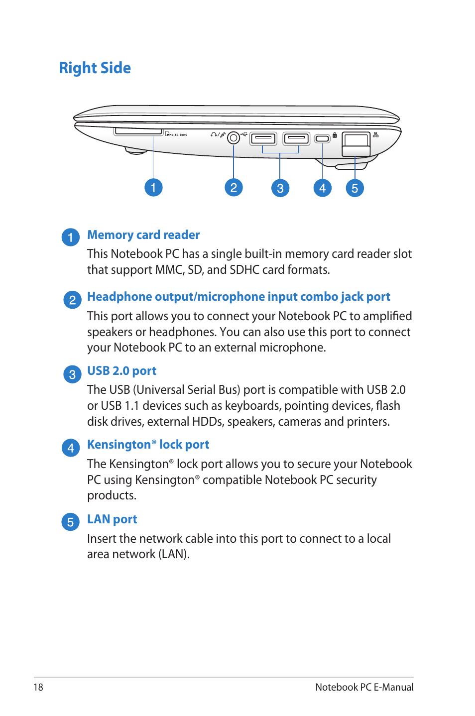 Right side | Asus 1015E User Manual | Page 18 / 98