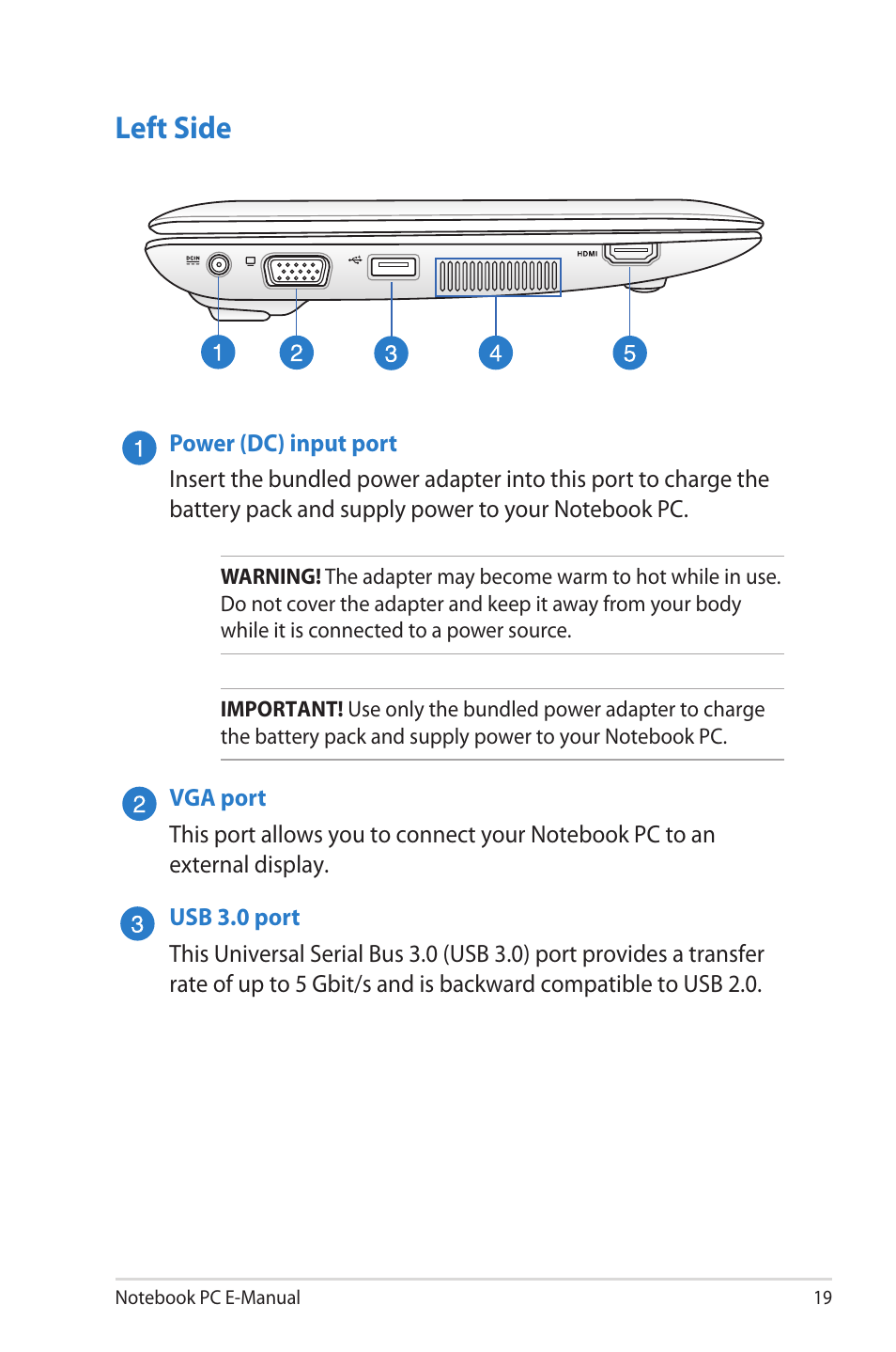 Left side | Asus 1015E User Manual | Page 19 / 98