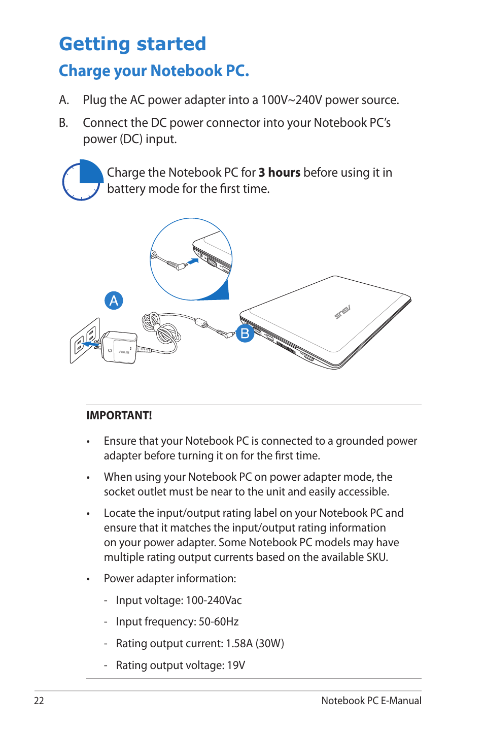 Getting started, Charge your notebook pc | Asus 1015E User Manual | Page 22 / 98