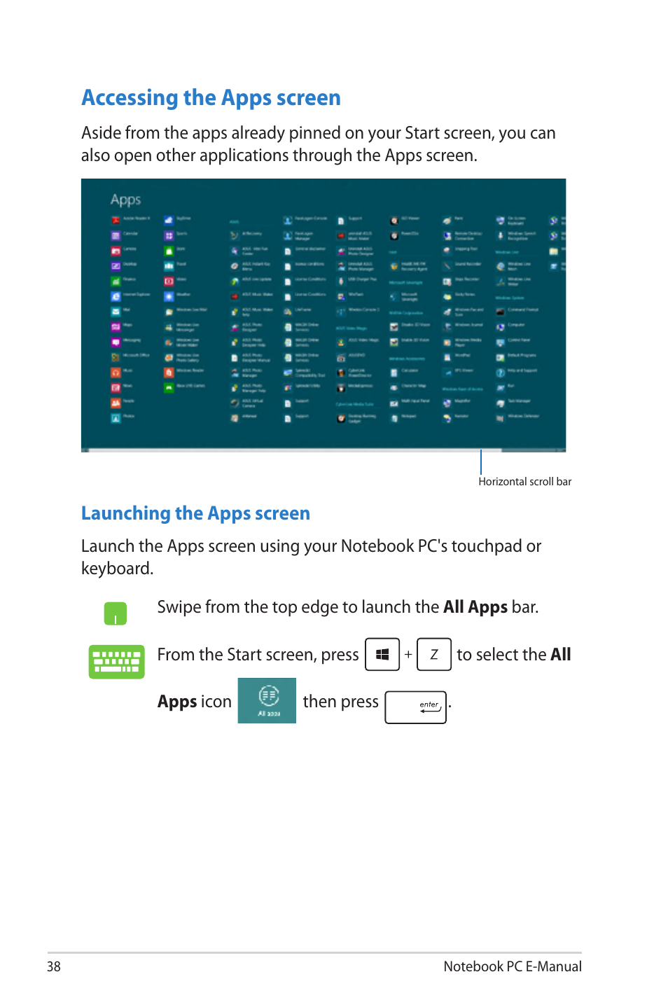 Accessing the apps screen | Asus 1015E User Manual | Page 38 / 98