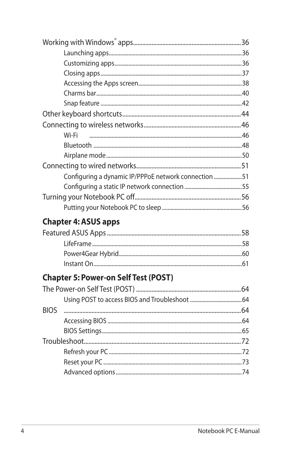 Chapter 4: asus apps, Chapter 5: power-on self test (post) | Asus 1015E User Manual | Page 4 / 98