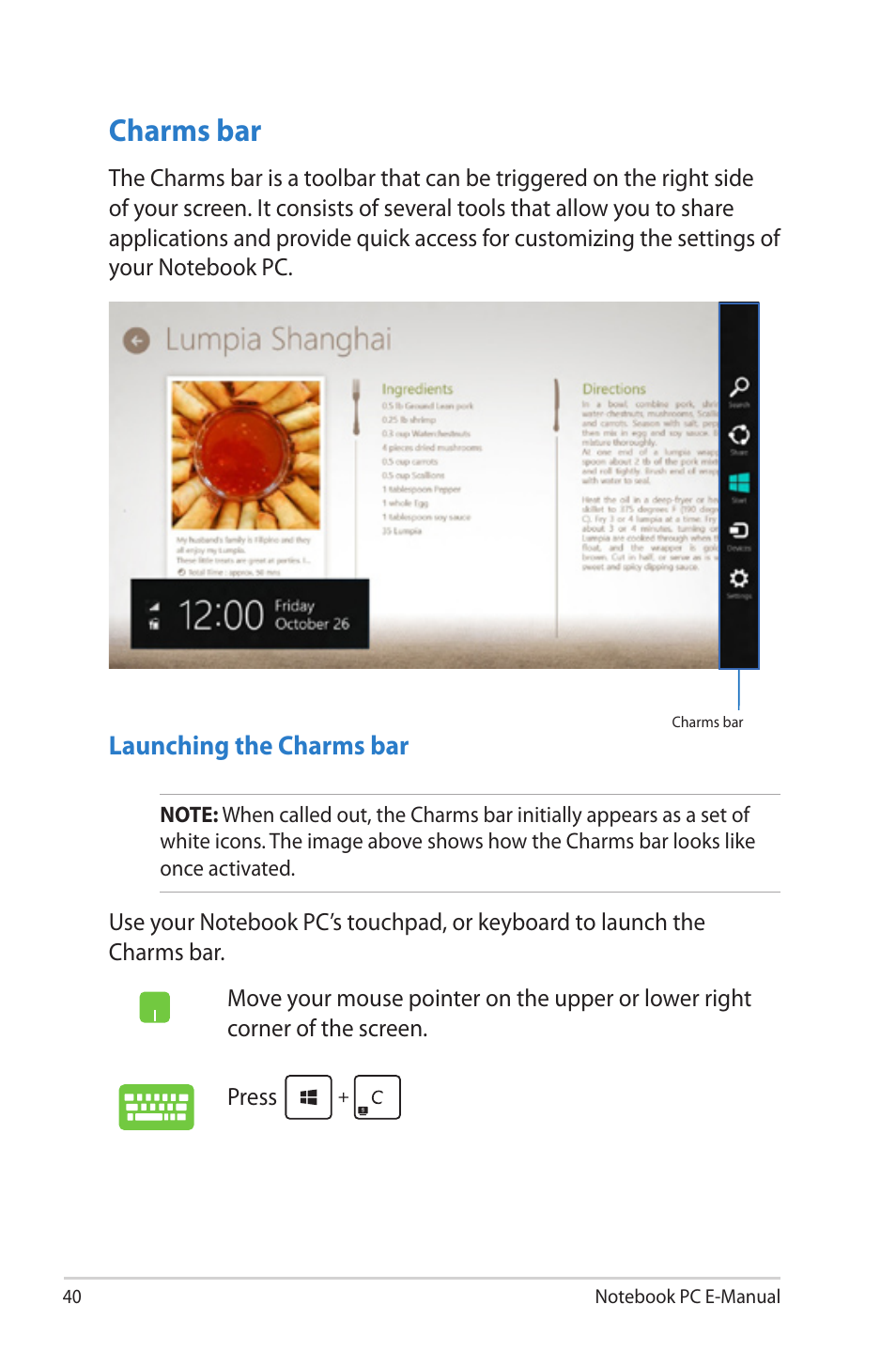 Charms bar | Asus 1015E User Manual | Page 40 / 98