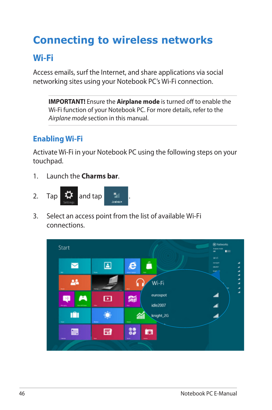 Connecting to wireless networks, Wi-fi | Asus 1015E User Manual | Page 46 / 98